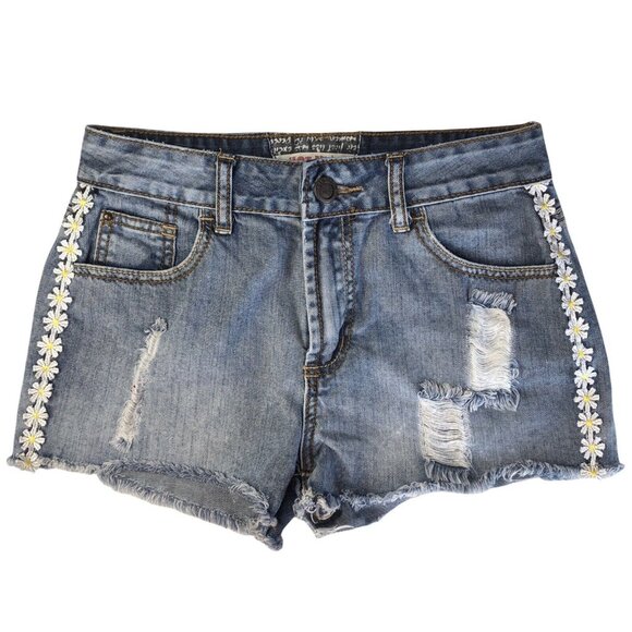 Hot Kiss CICI Shorts Womens Size 5 Denim Distressed Medium Wash Daisies - Picture 1 of 11